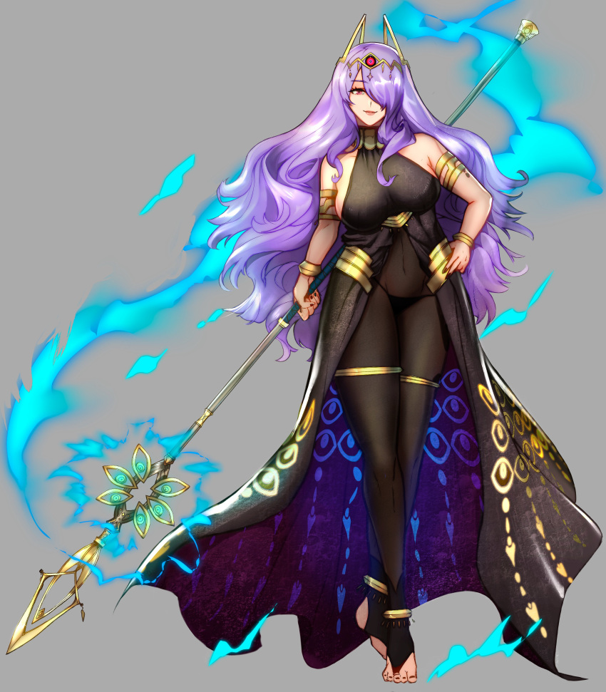 1girl absurdres alex_(cerealex) alternate_costume armband bare_shoulders black_nails black_panties bodysuit breasts camilla_(fire_emblem) fire_emblem fire_emblem_fates fire_emblem_heroes grey_background groin_tendon hair_over_one_eye highres holding holding_weapon large_breasts lipstick long_hair long_legs makeup panties pink_eyes purple_hair sheer_bodysuit sheer_clothes sheer_legwear simple_background solo underwear weapon wide_hips