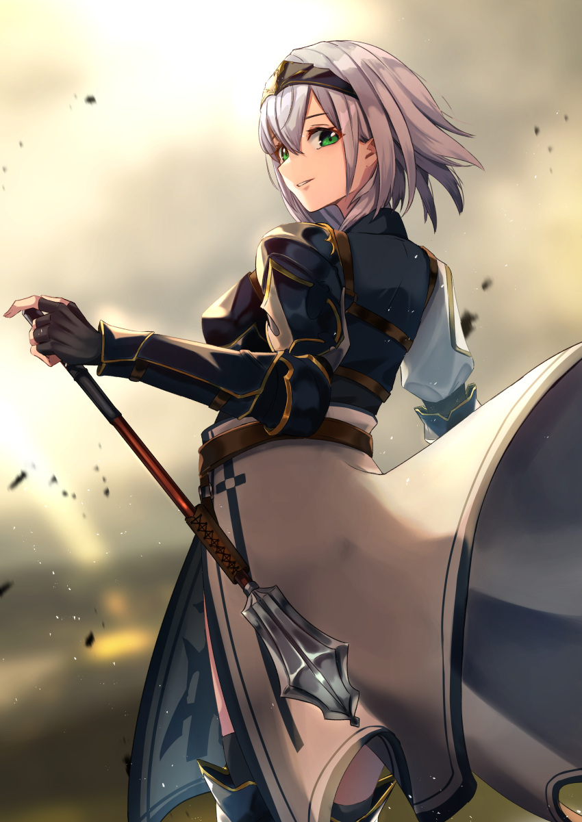 1girl absurdres armor black_gloves black_headband fingerless_gloves gloves green_eyes headband highres hololive looking_at_viewer looking_back mace mono_1010 parted_lips shirogane_noel short_hair silver_hair smile solo virtual_youtuber weapon