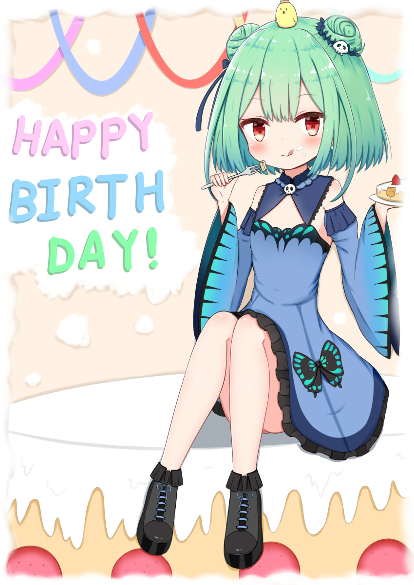 1girl absurdres animal bangs bare_shoulders bird black_footwear blue_dress blue_sleeves blush boots cake chick commentary_request detached_sleeves double_bun dress eyebrows_visible_through_hair food food_on_face fork frilled_dress frills fruit green_hair hair_ornament happy_birthday highres holding holding_fork holding_plate hololive jiu_(sdesd3205) juliet_sleeves knees_up licking_lips long_sleeves plate puffy_sleeves red_eyes sitting skull_hair_ornament sleeveless sleeveless_dress solo strawberry tongue tongue_out uruha_rushia virtual_youtuber