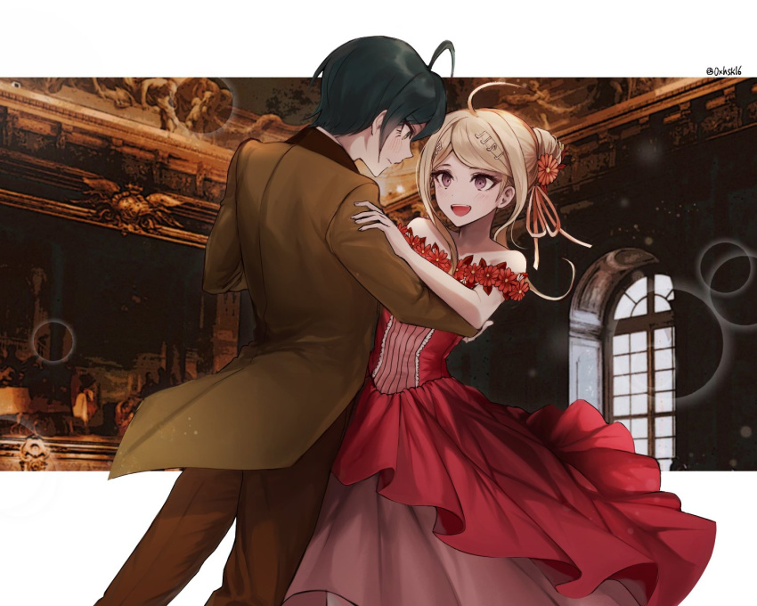 16_(0xhsk16) 1boy 1girl :d ahoge akamatsu_kaede alternate_costume architecture black_hair blonde_hair blush brown_coat brown_pants brown_suit coat commentary_request couple daisy dancing dangan_ronpa_(series) dangan_ronpa_v3:_killing_harmony dress eyelashes feet_out_of_frame flower formal hair_bun hair_flower hair_ornament hair_ribbon hair_up hand_on_another's_back hand_on_another's_shoulder hetero highres indoors korean_commentary letterboxed looking_at_another musical_note_hair_ornament off_shoulder official_alternate_costume open_mouth pants red_dress red_flower red_ribbon ribbon saihara_shuuichi short_hair smile strapless strapless_dress suit twitter_username violet_eyes window yellow_eyes