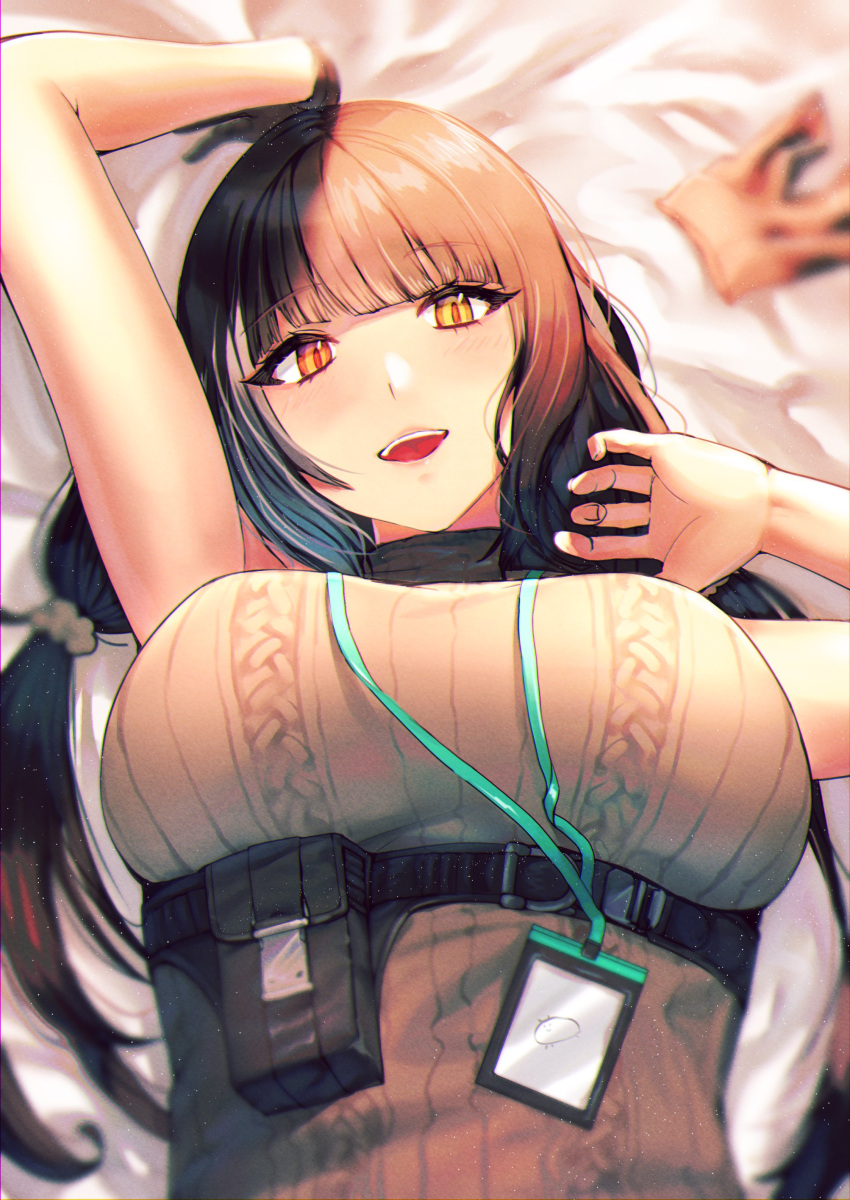 1girl absurdres bangs bed_sheet black_hair breasts girls_frontline gloves gloves_removed heterochromia highres id_card large_breasts long_hair looking_at_viewer lying mod3_(girls_frontline) multicolored_hair on_back red_eyes ro635_(girls_frontline) single_glove solo streaked_hair upper_body white_hair xanax025 yellow_eyes