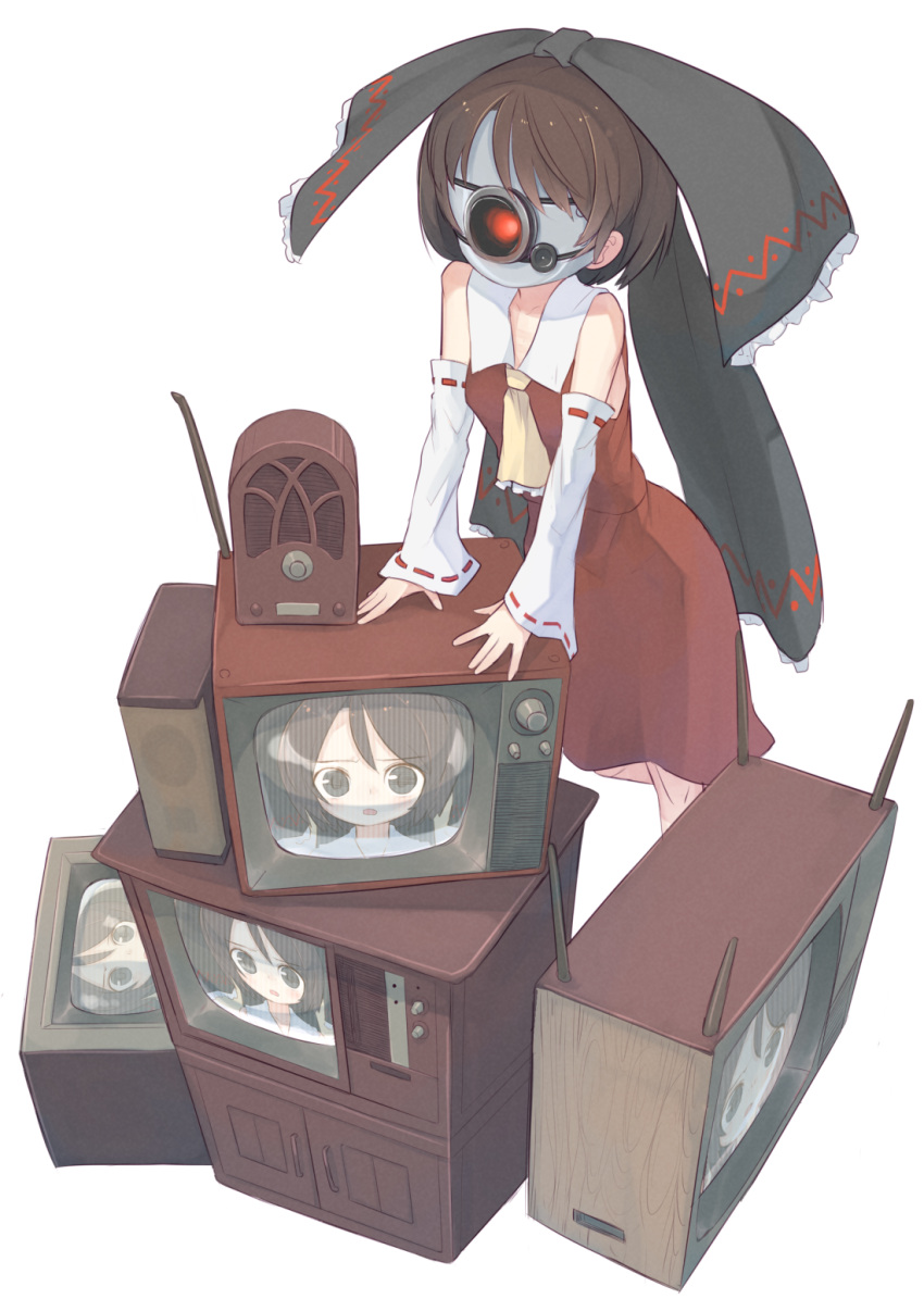 1girl android bangs black_bow black_eyes blush bow brown_hair closed_mouth commentary cookie_(touhou) detached_sleeves dress eyebrows_visible_through_hair frilled_bow frills full_body glowing glowing_eye hair_bow hakurei_reimu highres large_bow looking_at_viewer miyako_(naotsugu) mochiya_(cookie) necktie radio red_dress ribbon-trimmed_sleeves ribbon_trim role_reversal short_hair simple_background sleeveless sleeveless_dress solo standing television white_background white_sleeves yellow_neckwear