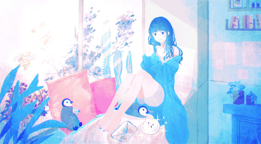 1girl animal barefoot bird blue_eyes blue_hair blue_nails book cup envelope holding holding_cup indoors long_hair loungewear original penguin pillow plant scenery shelf sitting tabisumika window