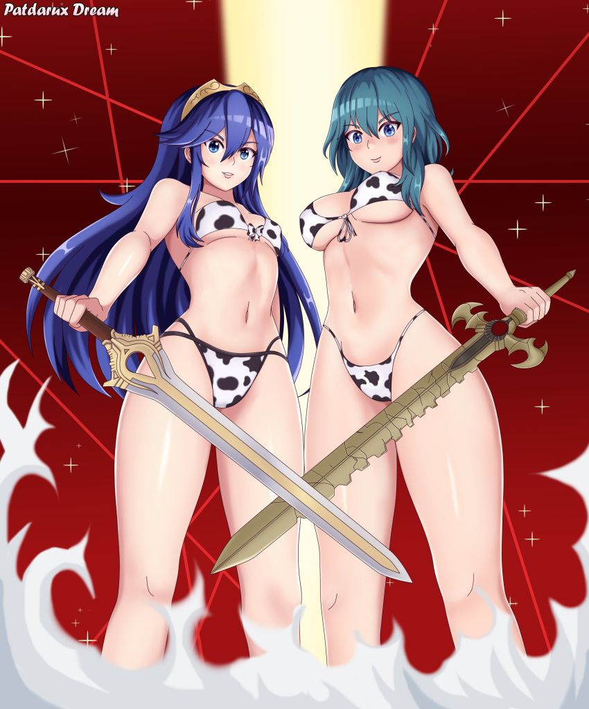 2021 2girls absurdres animal_print bikini breasts byleth_(fire_emblem) byleth_eisner_(female) chinese_zodiac cow_print falchion_(fire_emblem) fire_emblem fire_emblem:_three_houses fire_emblem_awakening fire_emblem_heroes happy_new_year highres kill_la_kill long_hair lucina_(fire_emblem) multiple_girls navel new_year patdarux super_smash_bros. swimsuit sword weapon year_of_the_ox