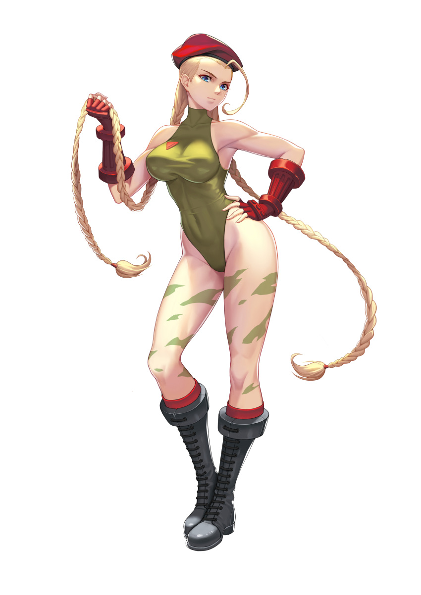 1girl absurdres ahoge beret black_footwear blonde_hair blue_eyes bodypaint boots braid breasts cammy_white camouflage clenched_hand combat_boots contrapposto covered_navel elbow_gloves forehead full_body gloves green_leotard hat highleg highleg_leotard highres holding holding_hair huge_ahoge large_breasts leotard long_hair long_legs looking_at_viewer red_gloves red_legwear scar scar_on_cheek scar_on_face socks solo standing street_fighter street_fighter_ii_(series) taut_leotard thong_leotard twin_braids very_long_hair white_background zhano_kun