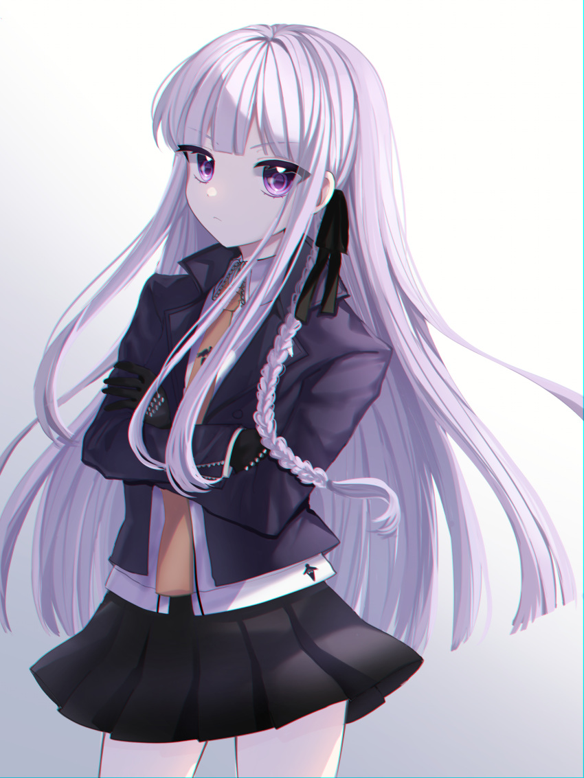 1girl absurdres bangs black_gloves black_jacket black_ribbon black_skirt blunt_bangs braid closed_mouth commentary_request cowboy_shot crossed_arms dangan_ronpa:_trigger_happy_havoc dangan_ronpa_(series) eyebrows_visible_through_hair frown gloves gradient gradient_background hair_ornament hair_ribbon highres jacket kenouo kirigiri_kyouko long_hair long_sleeves looking_at_viewer miniskirt open_clothes pleated_skirt ribbon shirt side_braid simple_background single_braid skirt solo very_long_hair violet_eyes white_background white_shirt