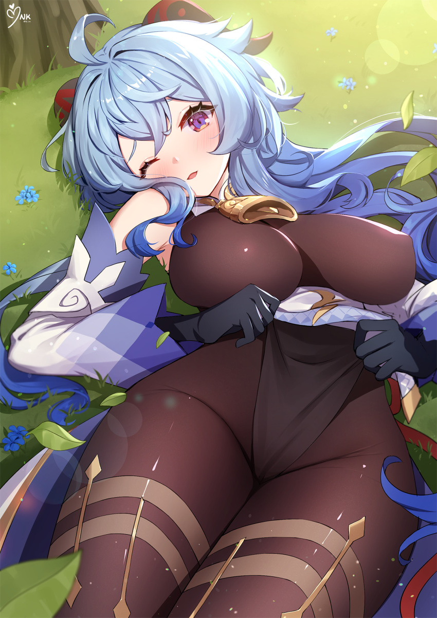 1girl ahoge ankkoyom bell black_gloves blue_hair blush bodysuit breasts brown_bodysuit cowbell detached_sleeves ganyu_(genshin_impact) genshin_impact gloves goat_horns grass highres horns large_breasts long_hair looking_at_viewer lying on_back one_eye_closed smile solo thighs violet_eyes