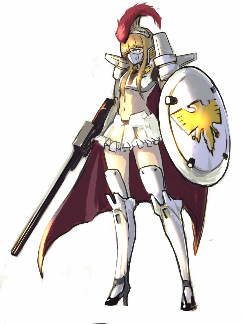 1girl 6maker arm_cannon blonde_hair blue_eyes cape gundam gundam_wing hair_over_one_eye highres long_hair looking_ahead mask mecha_musume midriff mouth_mask navel one_eye_covered personification shield skirt solo standing tallgeese weapon white_skirt