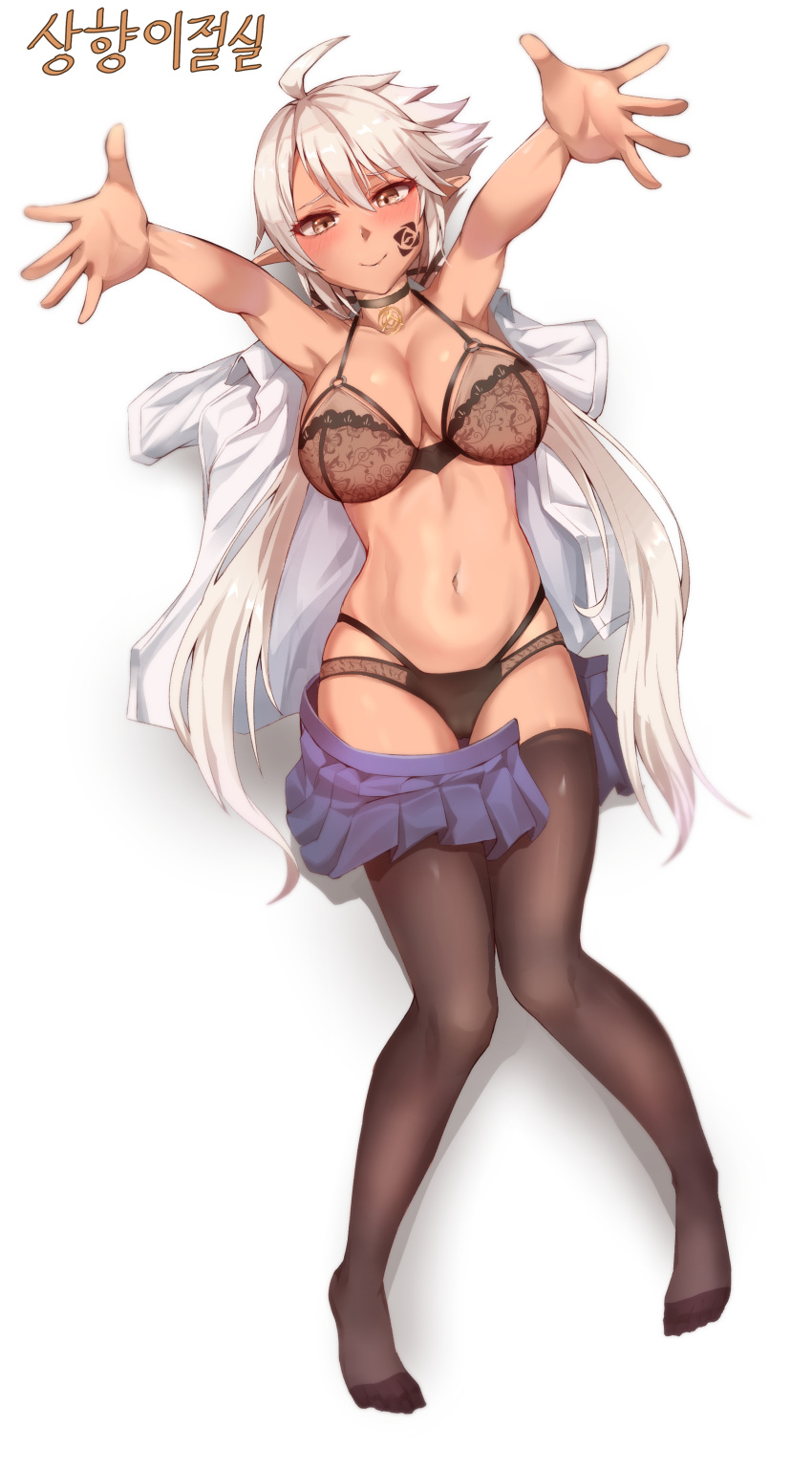 1girl absurdres arms_up bare_arms bare_shoulders black_bra black_legwear black_panties bra brown_eyes dungeon_and_fighter feet highres lace-trimmed_bra lace-trimmed_panties lace_trim long_hair looking_at_viewer navel open_clothes open_shirt panties pantyhose pharamacom pointy_ears shirt silver_hair skirt thigh-highs underwear white_background white_shirt