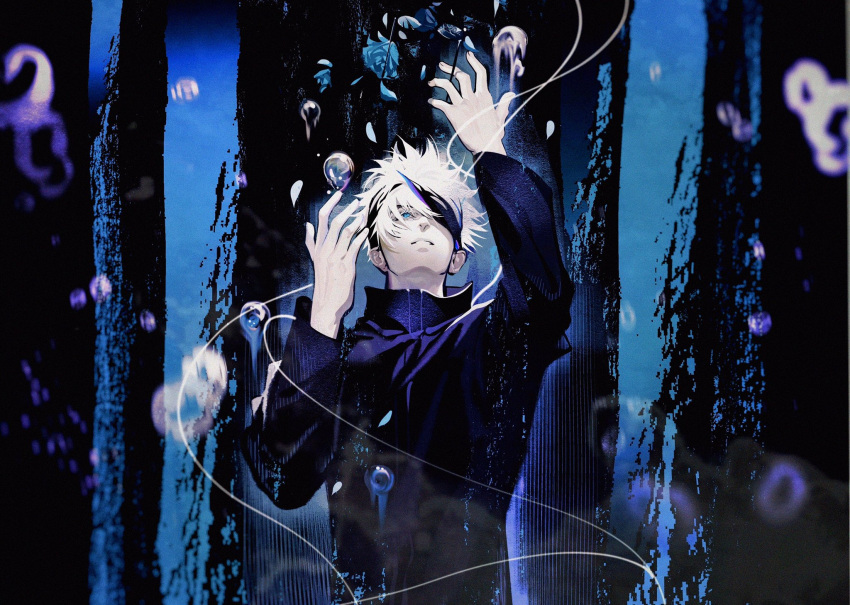 1boy bangs black_background black_jacket blindfold blue_background blue_eyes blue_theme bubble gojou_satoru hair_between_eyes hands_up high_collar highres jacket jujutsu_kaisen long_sleeves looking_up male_focus one_eye_covered open_hands short_hair solo two-tone_background upper_body white_hair yud79317724