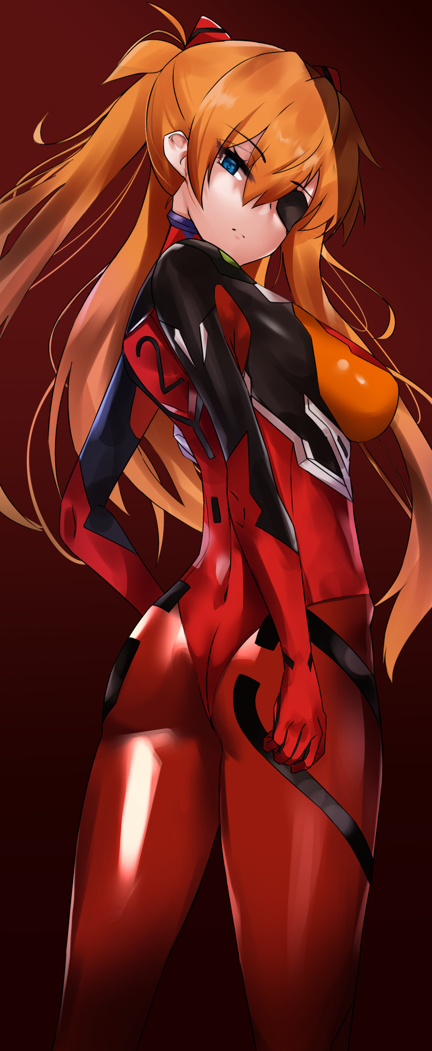 1girl absurdres ass bangs blue_eyes bodysuit breasts expressionless eyepatch from_side hair_ornament highres kyle_(kysizzle) long_hair looking_at_viewer medium_breasts neon_genesis_evangelion orange_hair plugsuit red_bodysuit shikinami_asuka_langley sidelocks solo souryuu_asuka_langley