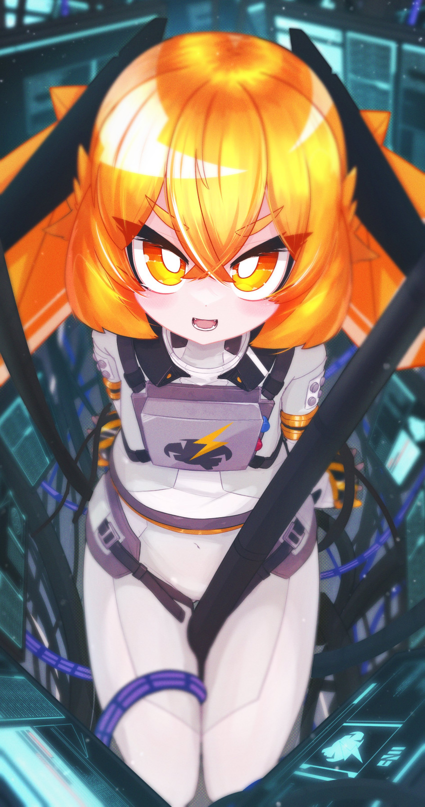 1girl :d absurdres arm_support bangs commentary_request hair_between_eyes highres ine_2 jacket long_hair looking_at_viewer orange_eyes orange_hair original pants sitting smile solo thick_eyebrows twintails v-shaped_eyebrows white_jacket white_pants