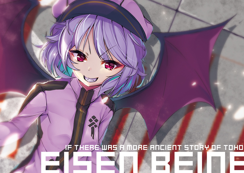 1girl bangs bat_wings blue_hair bob_cut cabbie_hat commentary contemporary dress emblem english_text eyebrows_visible_through_hair fang grin hat light_particles long_sleeves looking_at_viewer pink_dress pink_headwear purple_wings red_eyes remilia_scarlet short_hair smile solo spread_wings tendou_kaoru touhou v-shaped_eyebrows wings