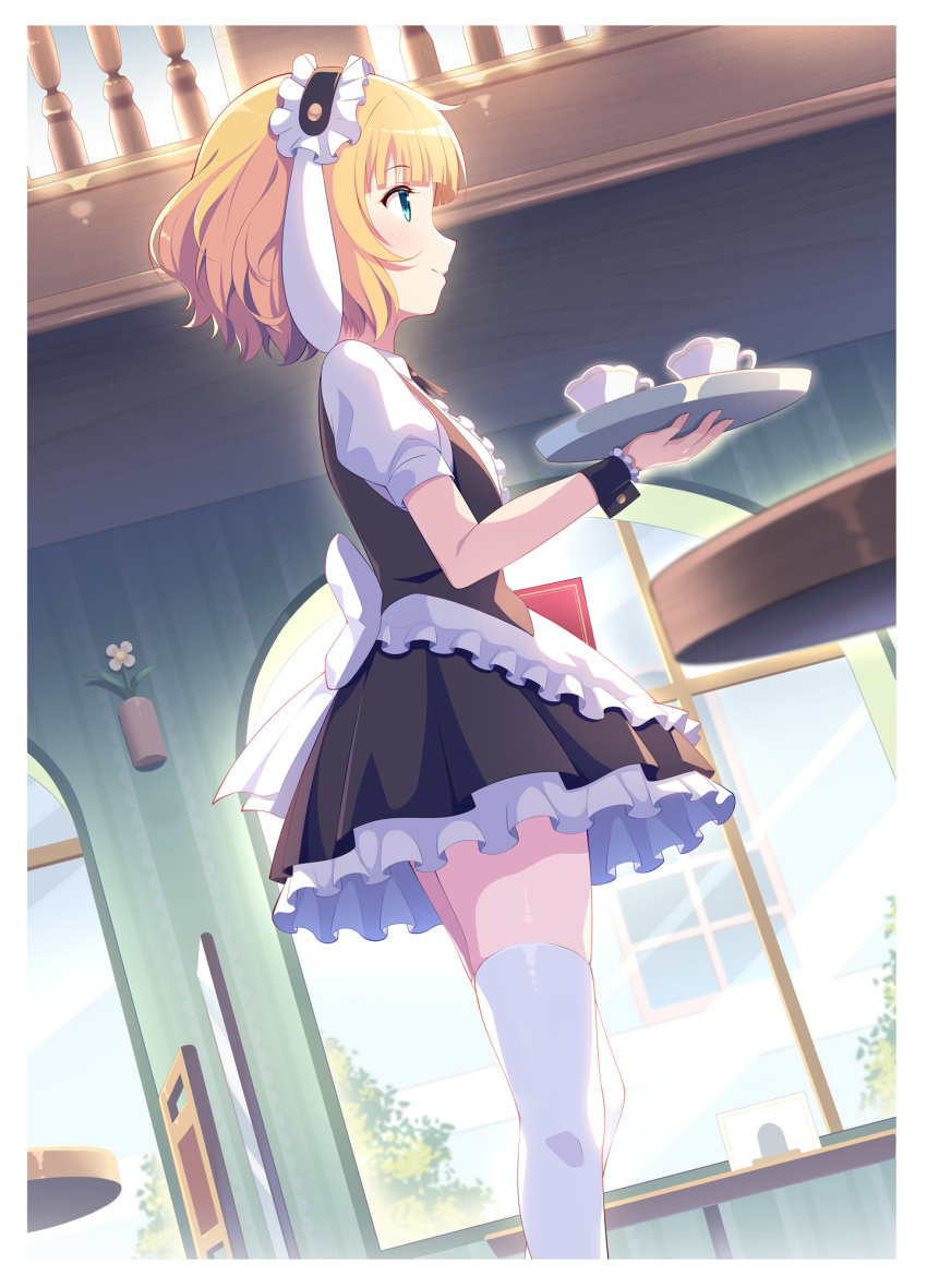 1girl bangs blonde_hair blunt_bangs center_frills commentary cup day feet_out_of_frame fleur_de_lapin_uniform frilled_cuffs frilled_hairband frills from_side gochuumon_wa_usagi_desu_ka? green_eyes hairband highres holding holding_tray indoors kagami_(galgamesion) kirima_sharo light_smile profile puffy_short_sleeves puffy_sleeves short_hair short_sleeves solo thigh-highs tray waitress white_legwear window wrist_cuffs zettai_ryouiki