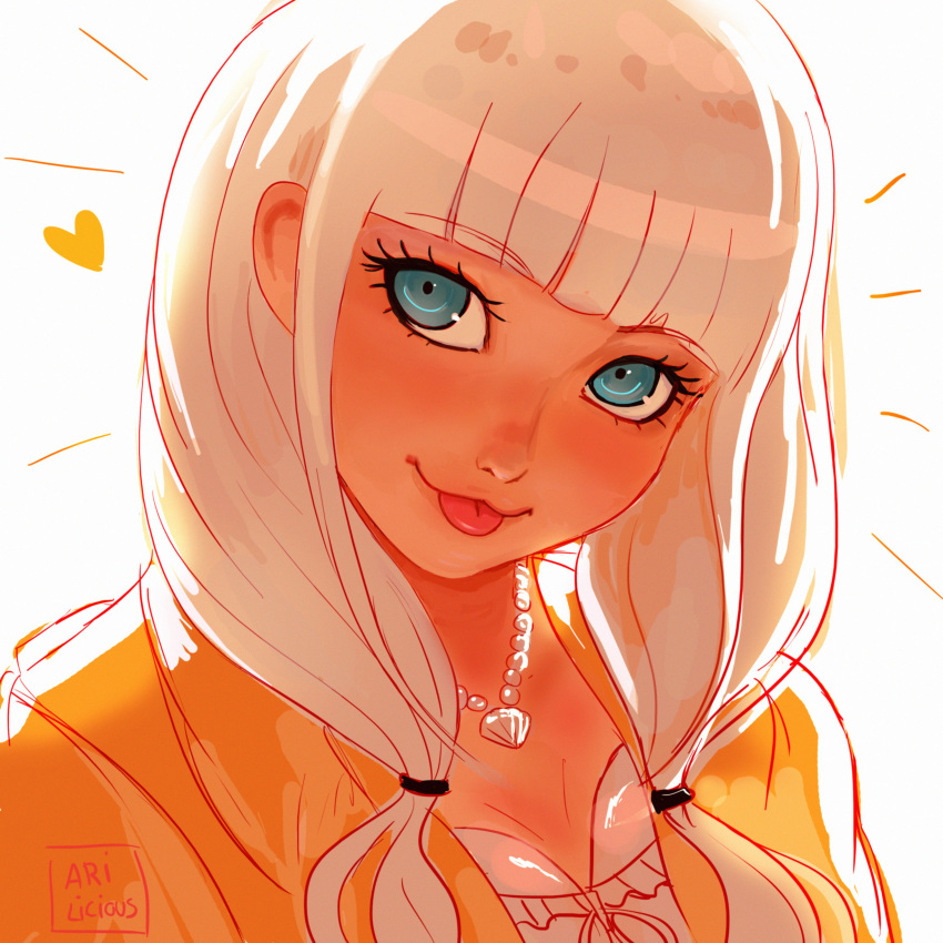 1girl :3 :p absurdres artist_name bangs blue_eyes blunt_bangs breasts dangan_ronpa_(series) dangan_ronpa_v3:_killing_harmony dark_skin eyebrows_visible_through_hair heart highres jacket jewelry long_hair looking_at_viewer low_twintails missarilicious necklace orange_jacket shell_necklace simple_background smile solo symbol_commentary tongue tongue_out twintails white_background yonaga_angie