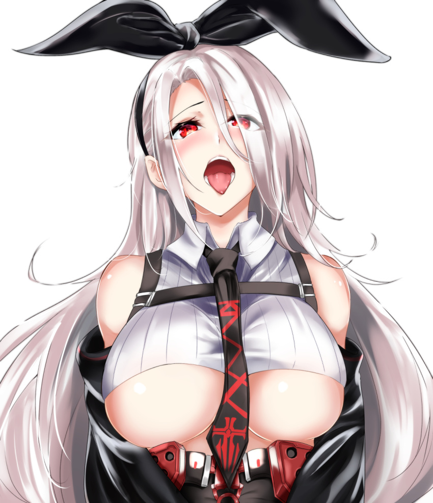 1girl azur_lane bare_shoulders black_sleeves breasts crop_top detached_sleeves graphite_(medium) hair_over_one_eye hair_ribbon high-waist_skirt highres iron_blood_(emblem) kuzya large_breasts long_hair mouth open_mouth prinz_heinrich_(azur_lane) red_eyes ribbon shirt simple_background skirt tongue tongue_out traditional_media under_boob upper_body very_long_hair white_background white_hair white_shirt