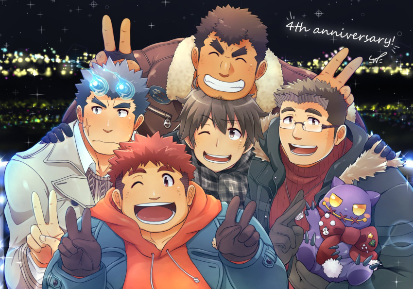 5boys ^_^ alternate_costume anniversary black_scarf blush casual closed_eyes creature demon double_v facial_hair fiery_hair forked_eyebrows fur-trimmed_jacket fur_trim glasses gloves goatee head_on_head highres jacket kengo_(tokyo_houkago_summoners) kontahsm master_4_(tokyo_houkago_summoners) multiple_boys open_clothes open_jacket plump red_sweater ryota_(tokyo_houkago_summoners) scar scar_on_cheek scar_on_face scarf shiro_(tokyo_houkago_summoners) smile sweater thick_eyebrows toji_(tokyo_houkago_summoners) tokyo_houkago_summoners undercut v winter_clothes