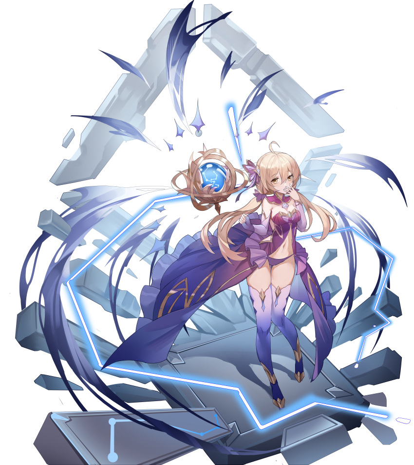 1girl absurdres ahoge alternate_costume blonde_hair blue_legwear breasts center_opening clenched_teeth detached_collar detached_sleeves dress full_body genshin_impact gradient gradient_legwear hand_up highres huge_filesize jinjide_shaonian long_dress long_hair long_sleeves looking_at_viewer lumine_(genshin_impact) magic medium_breasts navel orb panties purple_dress purple_panties revealing_clothes simple_background solo stomach string_panties teeth thigh-highs thighs underwear white_background yellow_eyes