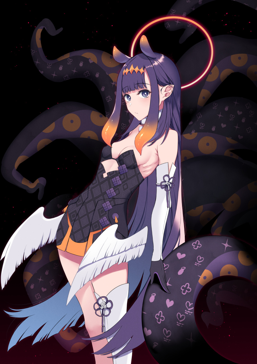1girl bangs bare_shoulders blunt_bangs dark_background elbow_gloves eyebrows_visible_through_hair flat_chest fur-trimmed_collar gloves halo highres hololive hololive_english long_hair looking_at_viewer ninomae_ina'nis pochi_(pochi-goya) pointy_ears purple_hair ribs single_thighhigh solo standing tentacle_hair tentacles thigh-highs two-tone_gloves violet_eyes virtual_youtuber white_legwear white_wings wings