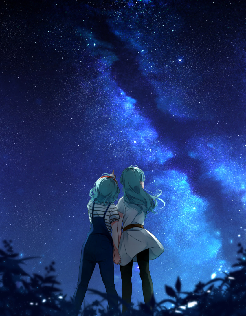 2girls aqua_hair arm_up bang_dream! belt black_pants black_sky blue_sky blurry blurry_foreground dress facing_away floating_hair from_behind gradient_sky hairband hand_in_hair highres hikawa_hina hikawa_sayo holding_hands long_hair medium_hair milky_way multiple_girls night night_sky outdoors overalls pants plant pointing pointing_up red_hairband shirt short_sleeves siblings side-by-side sisters sky standing star_(sky) starry_sky striped striped_shirt toto_(sa-dosama) twins white_dress white_shirt