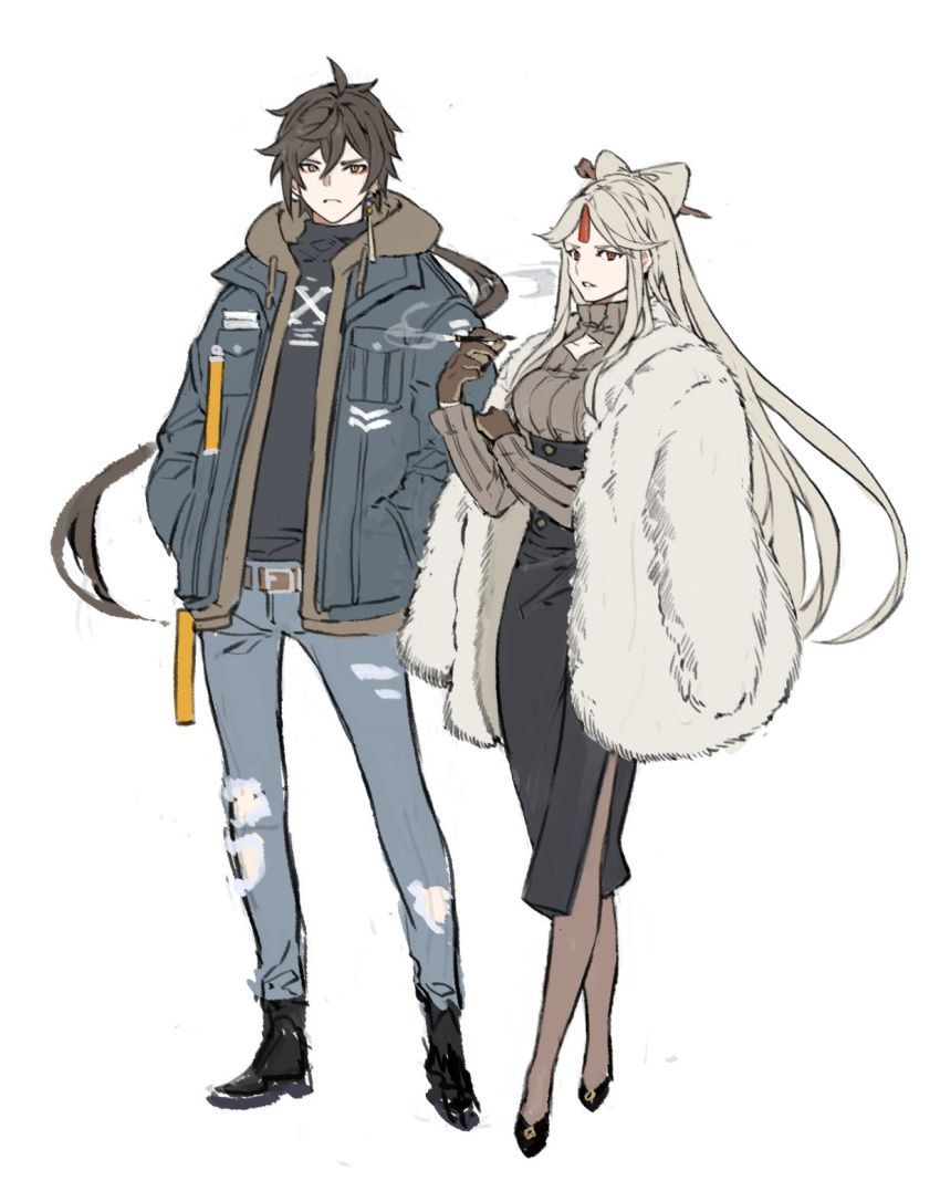 1boy 1girl alternate_costume arms_up belt belt_buckle black_dress black_footwear blonde_hair blue_coat bow breasts brown_belt brown_gloves brown_hair brown_hoodie brown_legwear buckle cleavage_cutout clothing_cutout coat commentary denim dress earrings fur_coat genshin_impact gloves grey_sweater hair_bow hands_in_pockets highres holding holding_pipe hood hoodie jeans jennygin2 jewelry large_breasts layered_clothing long_hair long_ponytail looking_at_viewer multicolored_hair ningguang open_clothes open_coat pants pantyhose pipe ponytail red_eyes redhead ribbed_sweater simple_background single_earring smoke sweater symbol_commentary tassel tassel_earrings torn_clothes torn_jeans torn_pants white_background yellow_eyes zhongli_(genshin_impact)