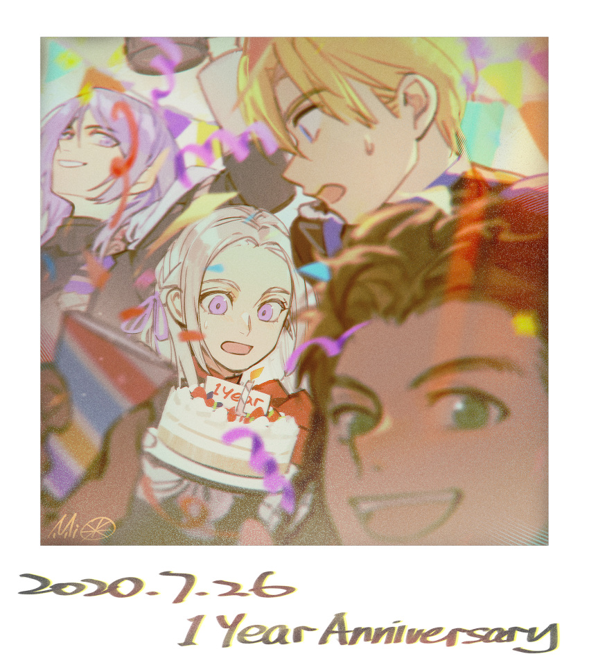 1girl 3boys :d alzi_xiaomi anniversary arm_up bangs blonde_hair blue_eyes blurry brown_hair cake claude_von_riegan close-up collar confetti dated dimitri_alexandre_blaiddyd edelgard_von_hresvelg eyebrows_visible_through_hair fire_emblem fire_emblem:_three_houses food framed from_side garreg_mach_monastery_uniform green_eyes hair_between_eyes highres holding holding_cake holding_food long_hair long_sleeves looking_at_another looking_at_viewer looking_down multiple_boys open_mouth parted_bangs parted_lips party photo_(object) purple_hair short_hair signature silver_hair simple_background smile surprised sweatdrop uniform violet_eyes yuri_leclerc