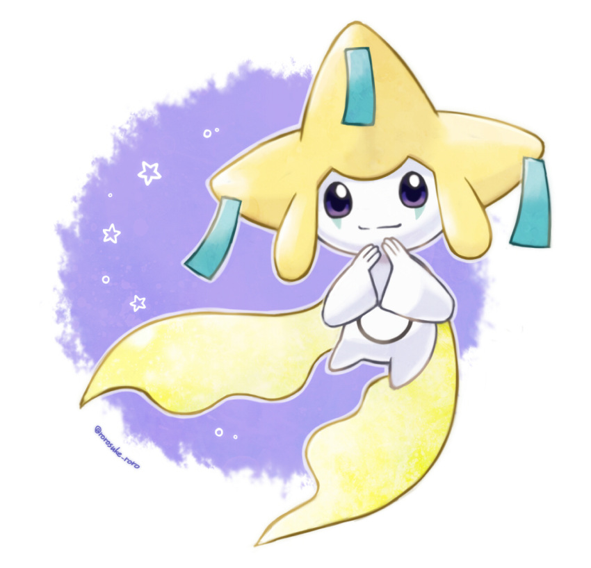 artist_name closed_mouth commentary_request gen_3_pokemon hands_up happy jirachi legendary_pokemon looking_at_viewer mythical_pokemon outline pokemon pokemon_(creature) purple_background rorosuke simple_background smile solo star_(symbol) twitter_username violet_eyes white_outline