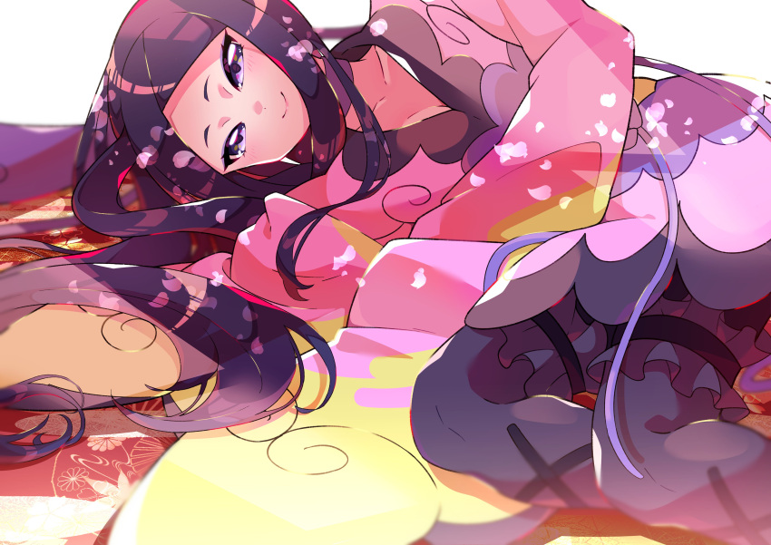 1girl absurdres black_hair blush choker closed_mouth collarbone commentary eyelashes frills gym_leader highres japanese_clothes long_hair long_sleeves looking_at_viewer lying on_side pokemon pokemon_(game) pokemon_xy pon_yui purple_choker smile solo valerie_(pokemon) very_long_hair violet_eyes