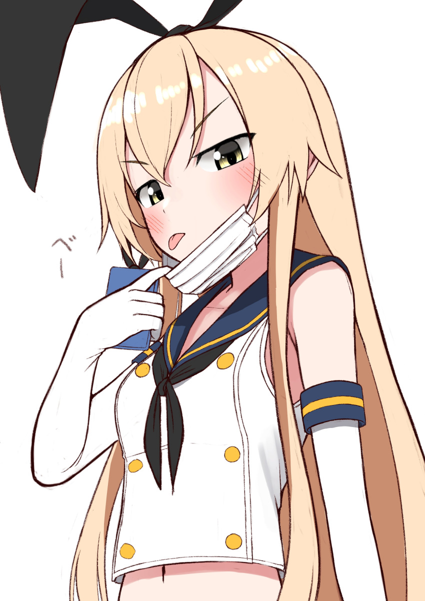 1girl :p absurdres black_hairband black_neckwear blonde_hair blue_sailor_collar commentary_request commission crop_top elbow_gloves gloves grey_eyes hairband highres kantai_collection long_hair mask mask_pull mouth_mask navel neckerchief phone sailor_collar shimakaze_(kantai_collection) simple_background solo surgical_mask tiemu_(man190) tongue tongue_out upper_body white_background white_gloves