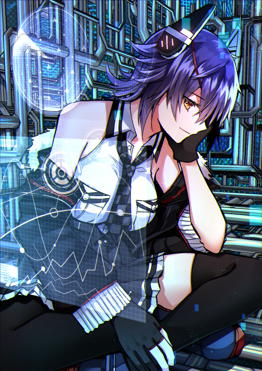 1girl black_gloves black_jacket black_skirt checkered checkered_neckwear commentary_request eyepatch gloves hand_on_own_face headgear highres holographic_touchscreen indian_style jacket kantai_collection katsuobushi_(eba_games) necktie off_shoulder partially_fingerless_gloves pleated_skirt purple_hair short_hair sitting skirt solo tenryuu_(kantai_collection) thigh-highs yellow_eyes