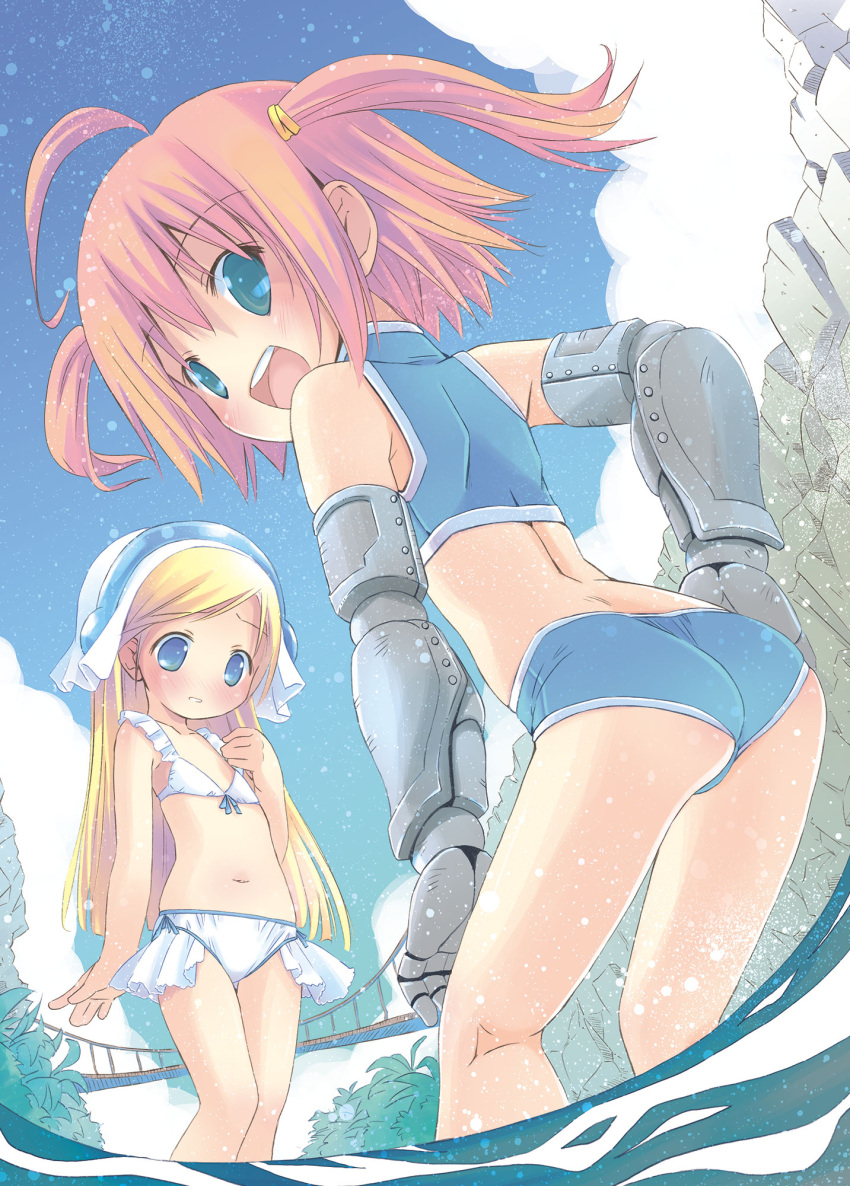 2girls :d ahoge ass bangs bikini bikini_skirt blonde_hair blue_bikini blue_eyes blue_sky blush bridge clouds cloudy_sky commentary_request day elbow_gauntlets eyebrows_visible_through_hair flat_chest gauntlets green_eyes hair_tie hand_on_hip hat highres kneepits leaning_forward light_frown looking_at_viewer looking_back multiple_girls navel open_mouth original outdoors parted_lips pop_(electromagneticwave) redhead short_hair sky smile standing swept_bangs swimsuit two_side_up wading water white_bikini white_headwear