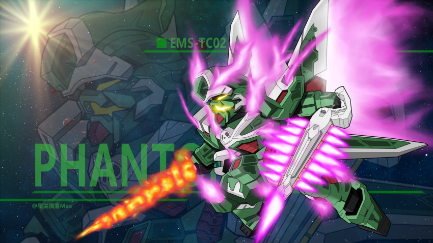 artist_name beam_saber character_name chibi chinese_commentary crossbone_gundam crossbone_gundam_ghost dual_wielding energy_sword fire flying from_side glowing glowing_eye gundam highres holding holding_sword holding_weapon mecha no_humans open_mouth phantom_gundam purple_fire science_fiction skull solo space star_(sky) sword v-fin weapon xing_chen_yunluo_max yellow_eyes zoom_layer