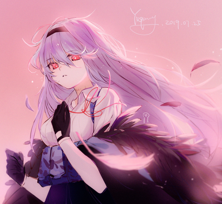 1girl artist_name bangs black_gloves black_hairband breasts dated eyebrows_visible_through_hair feather_trim feathers girls_frontline gloves hair_between_eyes hairband highres jacket long_hair looking_at_viewer off_shoulder red_eyes scar shirt signature solo thunder_(girls_frontline) yiyiqiany