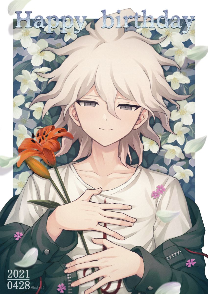 1boy absurdres artist_name bangs border closed_mouth collarbone commentary_request dangan_ronpa_(series) dangan_ronpa_2:_goodbye_despair dated eyebrows_visible_through_hair flower grey_eyes hair_between_eyes haizai hands_on_own_chest hands_up happy_birthday highres holding holding_flower jacket komaeda_nagito long_sleeves looking_at_viewer lying male_focus on_back petals red_flower shirt smile solo upper_body white_border white_hair white_shirt