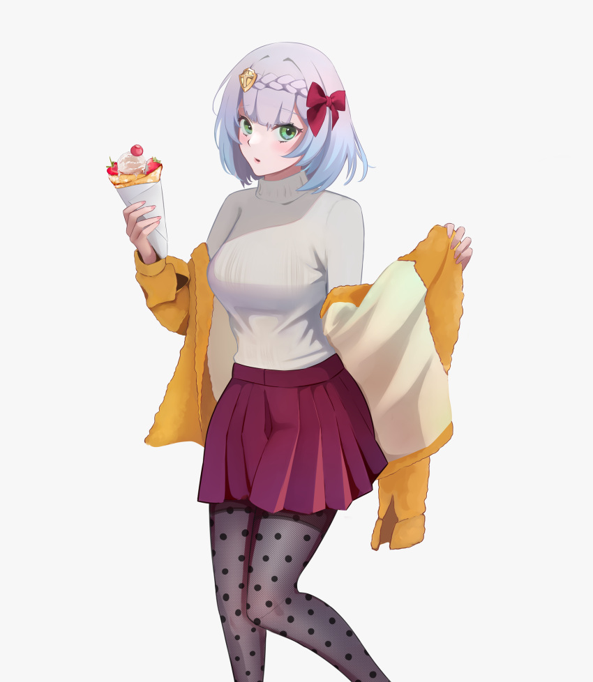 1girl :o alternate_costume bangs black_legwear blue_hair blush bow braid breasts contemporary crepe crown_braid food genshin_impact gradient_hair hair_bow highres holding holding_food hyafumi jacket leggings medium_breasts multicolored_hair noelle_(genshin_impact) open_mouth red_bow red_skirt ribbed_sweater short_hair silver_hair skirt solo sweater sweater_jacket white_background yellow_jacket