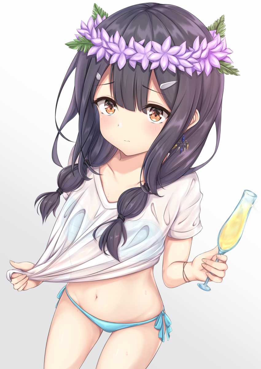 1girl aqua_bikini arata_(xin) bangs bikini black_hair blush brown_eyes closed_mouth collarbone drink earrings eyebrows_visible_through_hair fate/grand_order fate/kaleid_liner_prisma_illya fate_(series) flower hair_between_eyes hair_ornament highres holding holding_drink jewelry long_hair looking_at_viewer miyu_edelfelt navel sidelocks solo stomach swimsuit swimwear thighs