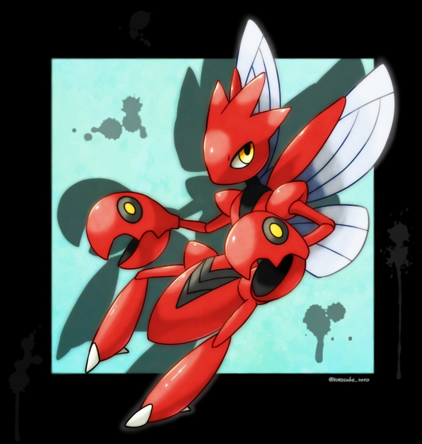 artist_name black_border blue_background border commentary_request drop_shadow full_body gen_2_pokemon highres insect_wings looking_up outside_border pokemon pokemon_(creature) rorosuke scizor simple_background solo twitter_username wings yellow_eyes