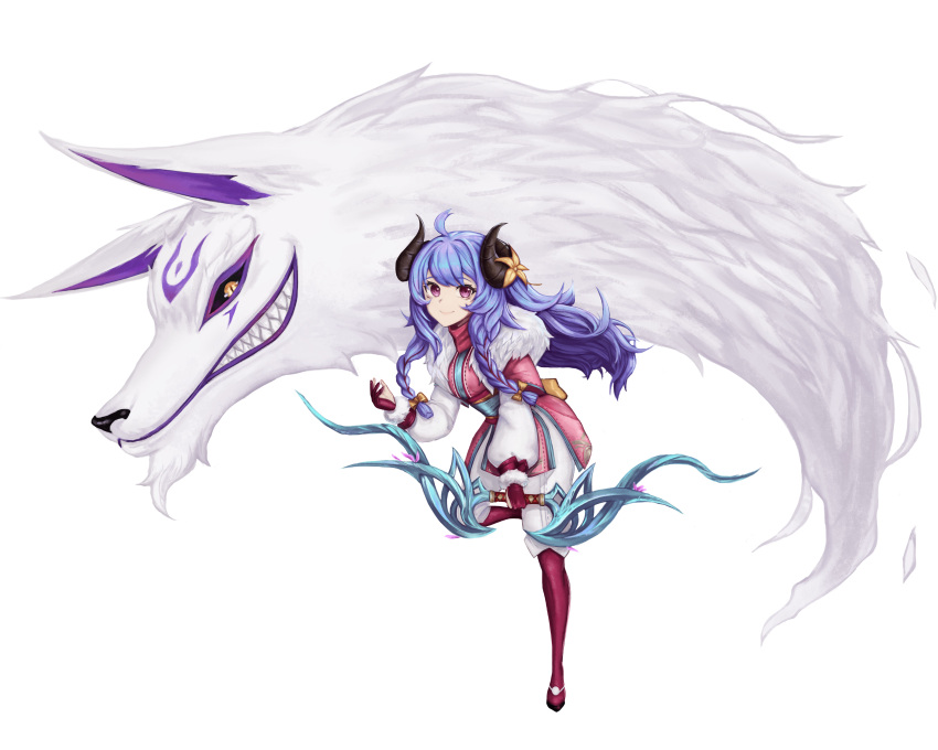 1girl absurdres blue_hair bow_(weapon) braid closed_mouth copy curled_horns eyebrows_visible_through_hair gloves highres holding holding_weapon horns kindred_(league_of_legends) lamb_(league_of_legends) league_of_legends legwear_under_shorts long_hair long_sleeves looking_at_viewer pantyhose shorts spirit_blossom_kindred twin_braids violet_eyes weapon white_background white_shorts wolf_(league_of_legends)