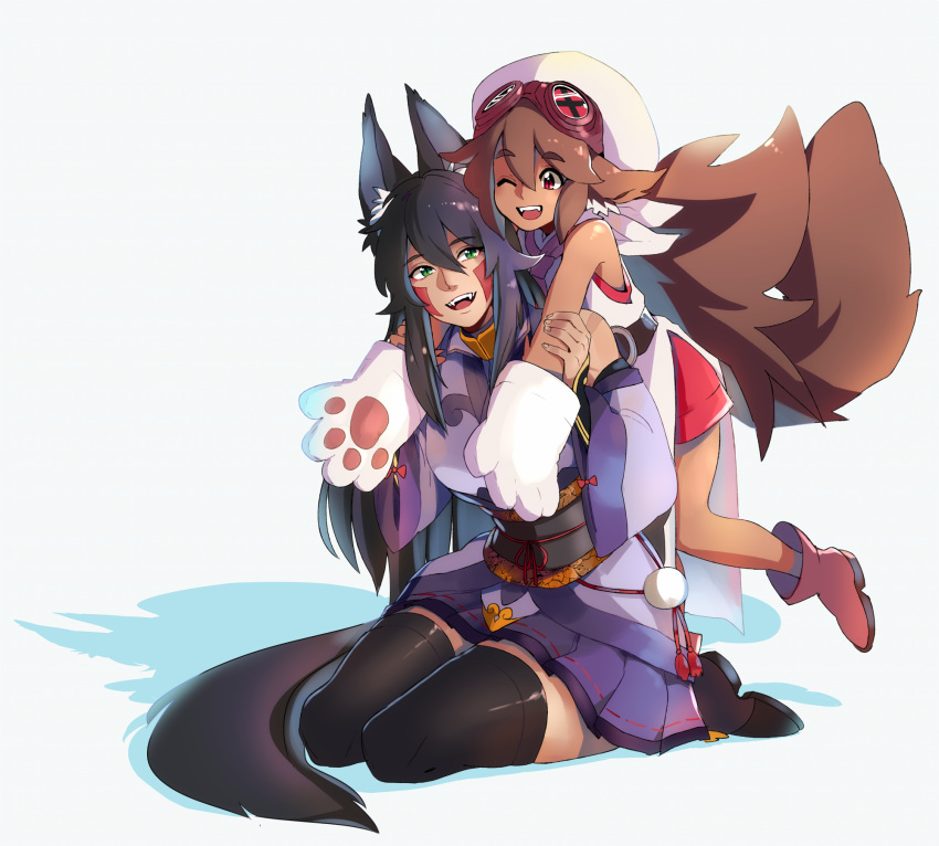 :d animal_ear_fluff animal_ears ankle_boots apron azuumori black_hair black_legwear boots borrowed_character brown_fur commentary dark_skin dark-skinned_female detached_sleeves english_commentary facial_mark fang fangs fox_ears fox_tail gloves goggles goggles_on_headwear hair_between_eyes hakama hakama_skirt hat height_difference highres hug hug_from_behind japanese_clothes kimono long_sleeves lucha_(azuumori) miniskirt monster_girl one_eye_closed open_mouth original paw_gloves paws purple_hakama purple_kimono purple_skirt red_eyes red_footwear sash simple_background skirt slit_pupils smile standing standing_on_one_leg tail thigh-highs vera_(airisubaka) white_apron white_background white_headwear wolf_ears wolf_tail
