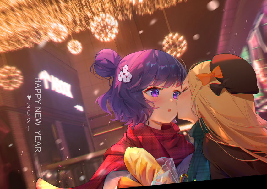 2girls abigail_williams_(fate/grand_order) absurdres bag baguette bangs beret black_bow blonde_hair blush bow bread cheek_kiss chromatic_aberration closed_eyes english_commentary eyebrows_visible_through_hair fate/grand_order fate_(series) flower food hair_bow hair_bun hair_flower hair_ornament happy_new_year hat highres katsushika_hokusai_(fate/grand_order) kiss long_hair looking_at_another multiple_girls new_year orange_bow plaid plaid_scarf purple_hair scarf shawl short_hair sidelocks somna surprised violet_eyes yuri