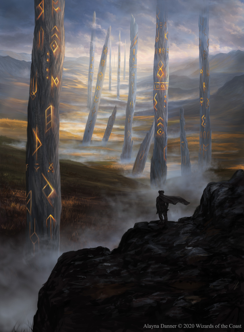 1other absurdres alayna_danner cape clouds cloudy_sky commentary english_commentary fantasy from_behind helmet highres horizon horned_helmet magic:_the_gathering official_art outdoors pillar scenery sky watermark