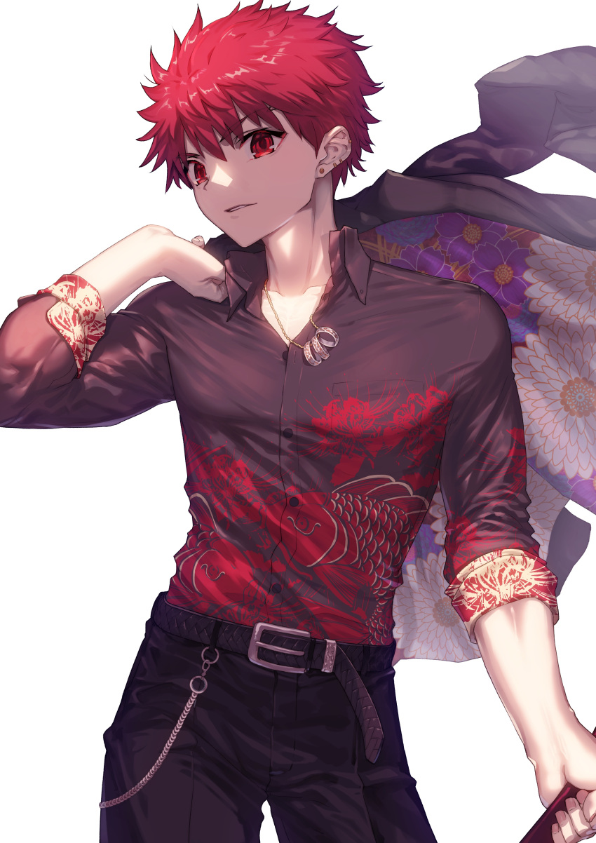 1boy absurdres bangs belt belt_buckle buckle dress_shirt ear_piercing earrings fate/grand_order fate_(series) floral_print highres holding holding_clothes jewelry looking_at_viewer male_focus nakanishi_tatsuya piercing red_eyes redhead sengo_muramasa_(fate) shirt simple_background sleeves_rolled_up solo upper_body white_background