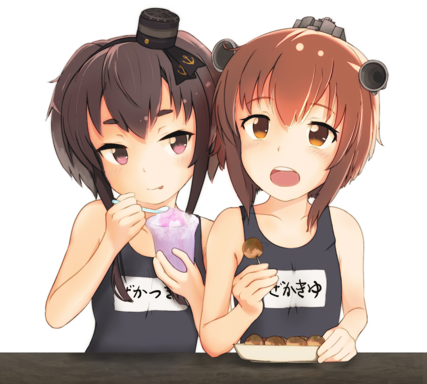 2girls :p anchor_symbol black_hair blue_swimsuit blush brown_eyes brown_hair clothes_writing collarbone commentary_request eating flat_chest food gradient_hair hairband hat headgear headset highres holding holding_food holding_spoon ice kantai_collection mini_hat multicolored_hair multiple_girls name_tag one-piece_swimsuit open_mouth school_swimsuit shaved_ice shiki_no_miko short_hair short_hair_with_long_locks speaking_tube_headset spoon swimsuit table takoyaki thick_eyebrows tokitsukaze_(kantai_collection) tongue tongue_out toothpick upper_body violet_eyes white_background yukikaze_(kantai_collection)