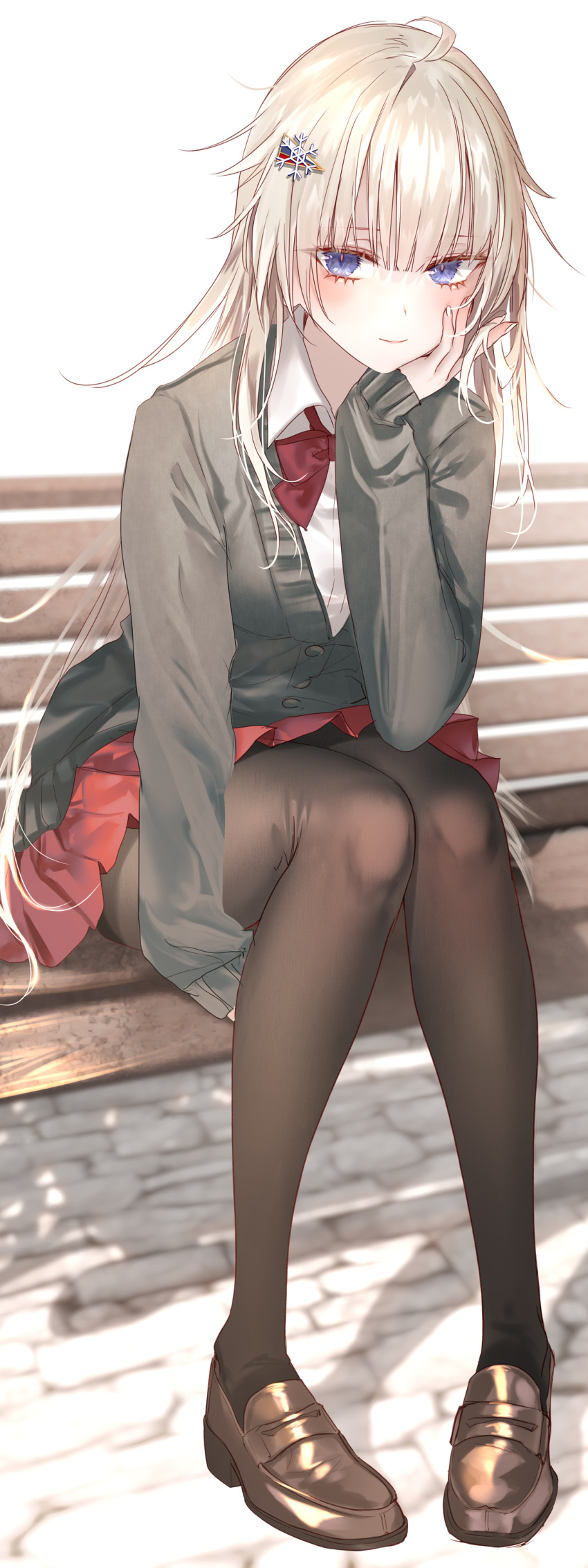 1girl absurdres ahoge ak-74m_(girls_frontline)_(rabochicken) arm_support bangs bench black_legwear blue_eyes blunt_bangs bow bowtie cardigan collared_shirt commentary_request dress_shirt eyebrows_visible_through_hair eyelashes girls_frontline green_cardigan hair_between_eyes hair_ornament hand_in_hair hand_on_own_cheek hand_on_own_face highres loafers long_hair long_sleeves original pantyhose platinum_blonde_hair pleated_skirt pottsness red_neckwear red_skirt school_uniform shirt shoes simple_background sitting skirt smile solo white_background white_shirt