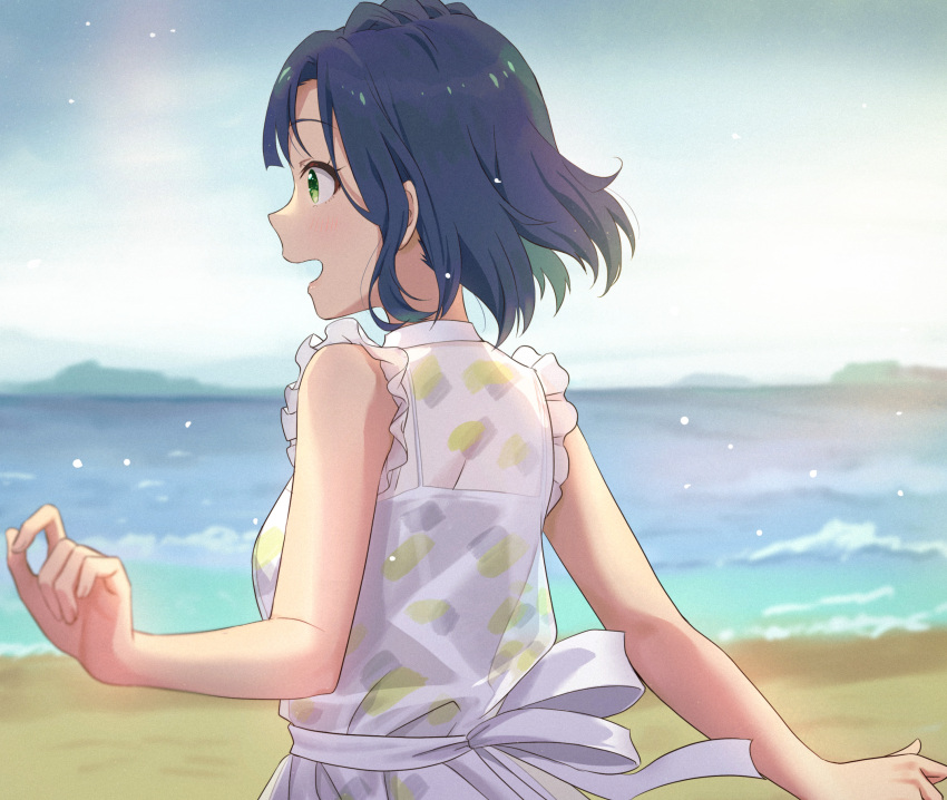 1girl absurdres blue_hair blurry blurry_background blush breasts day dress emu_(emum) eyebrows_visible_through_hair green_eyes hand_up highres idolmaster idolmaster_million_live! looking_ahead medium_breasts nanao_yuriko ocean open_mouth profile ribbon solo water white_ribbon