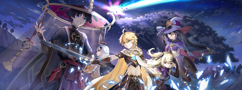 2boys 3girls aether_(genshin_impact) blonde_hair blue_eyes cape eyepatch fischl_(genshin_impact) genshin_impact hair_ribbon half-closed_eyes hat highres holding holding_sword holding_weapon leotard midriff mona_(genshin_impact) multiple_boys multiple_girls navel open_mouth paimon_(genshin_impact) pants qihai_lunpo ribbon scaramouche scarf shooting_star sky smile sword tree twintails weapon white_hair witch_hat yellow_eyes