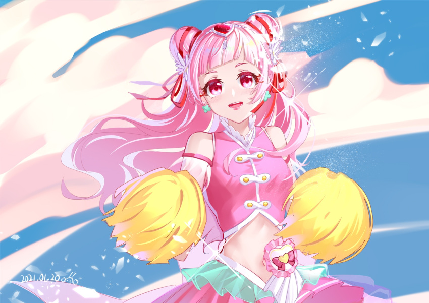 1girl ayako_(xiaqiu) bare_shoulders blue_sky cure_yell dated day detached_sleeves double_bun earrings hugtto!_precure jewelry long_hair magical_girl midriff navel nono_hana open_mouth outdoors pink_eyes pink_hair pink_skirt pom_poms precure red_ribbon ribbon see-through skirt sky smile solo tiara upper_body