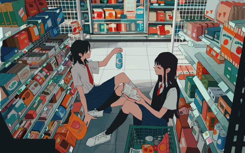 2girls bag_of_chips black_hair bottle can candy chocolate chocolate_bar convenience_store food highres multiple_girls necktie ngtblan original plastic_bottle school_uniform shelf shoes shop shopping_basket sitting skirt sneakers soda_can water_bottle white_footwear