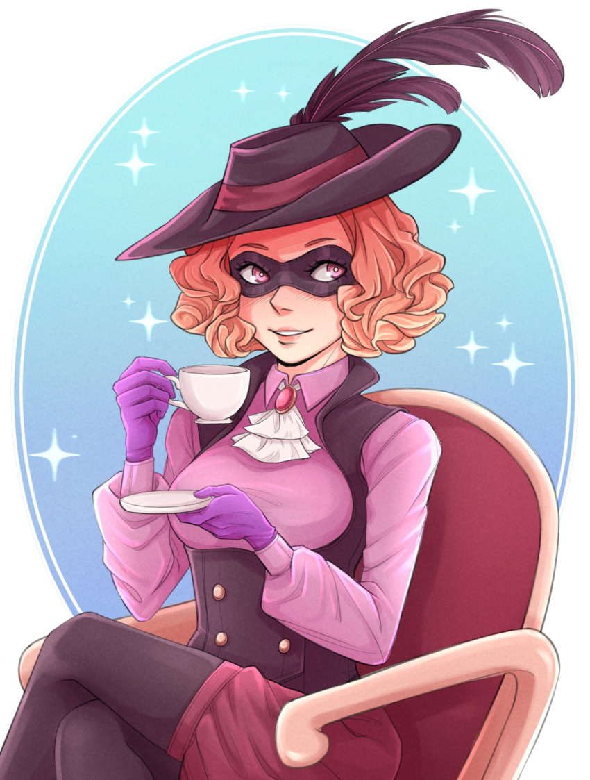 1girl abominaticus brown_hair chair cravat cup domino_mask gloves hat hat_feather highres mask okumura_haru persona persona_5 persona_5_the_royal puffy_sleeves purple_gloves shorts sideways_glance smile teacup violet_eyes