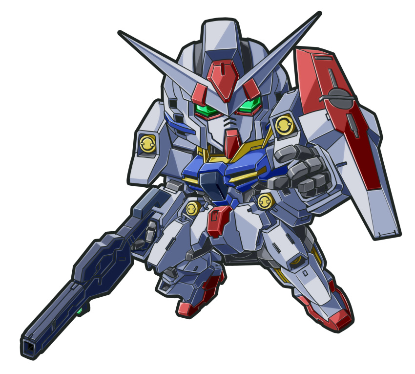 chibi gun gundam gundam_00 gundam_00p gundam_plutone highres holding holding_gun holding_weapon looking_ahead mecha meta_meta no_humans open_hand science_fiction shield v-fin weapon white_background